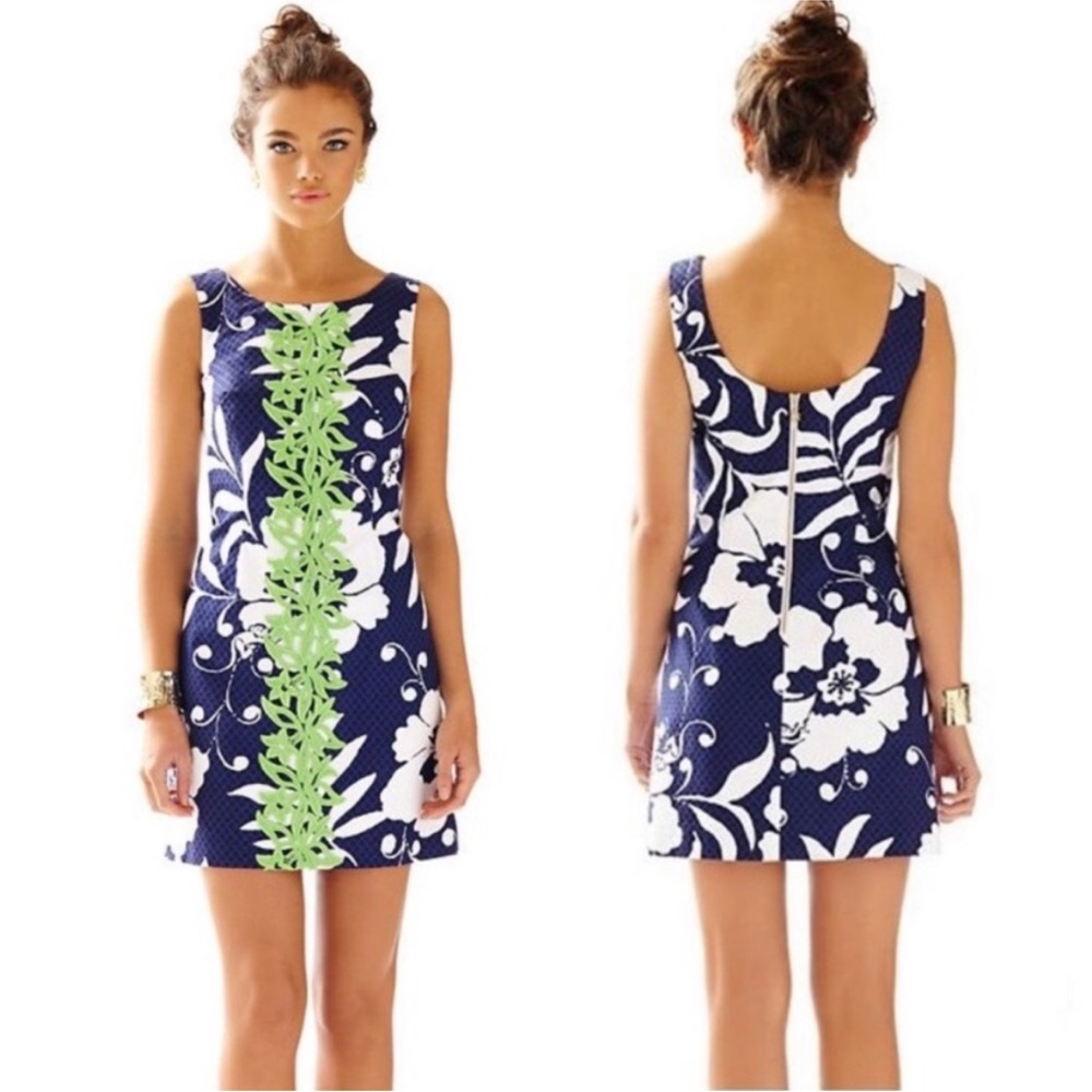 Lilly Pulitzer Delia Shift Dress Johnny B SIZE 10 blue white green sleeves chic